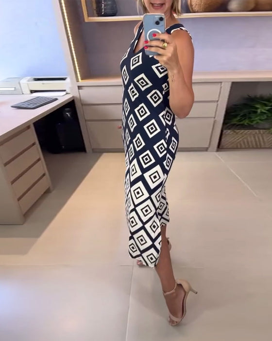 Robe Col En V Imprimé Losange Sans Manches