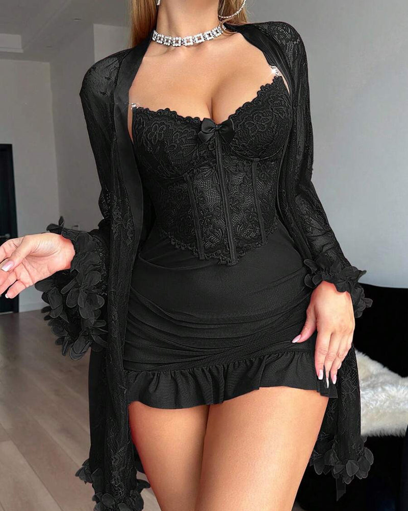 Robe Dentelle Cache-Cœur Bretelles Spaghetti Bordure Dentelle Pyjama
