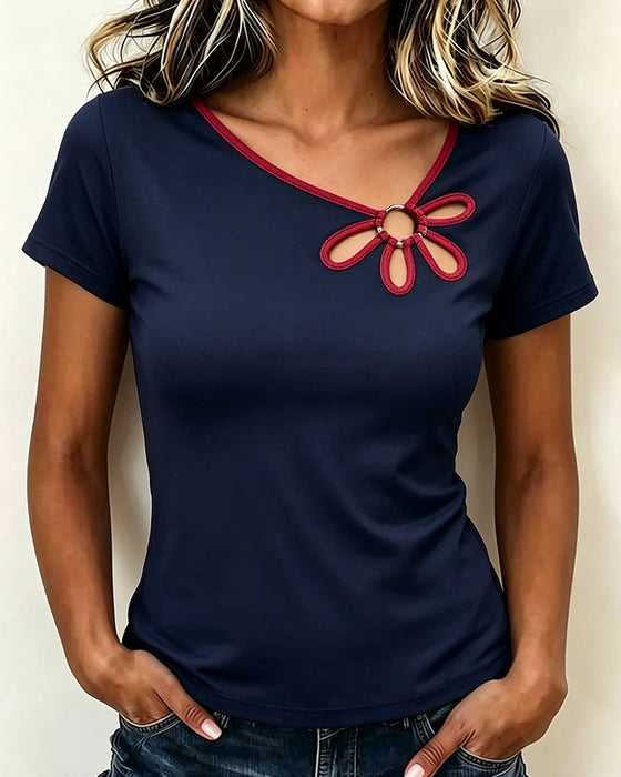 T-Shirt Fleuri Découpé Manches Courtes