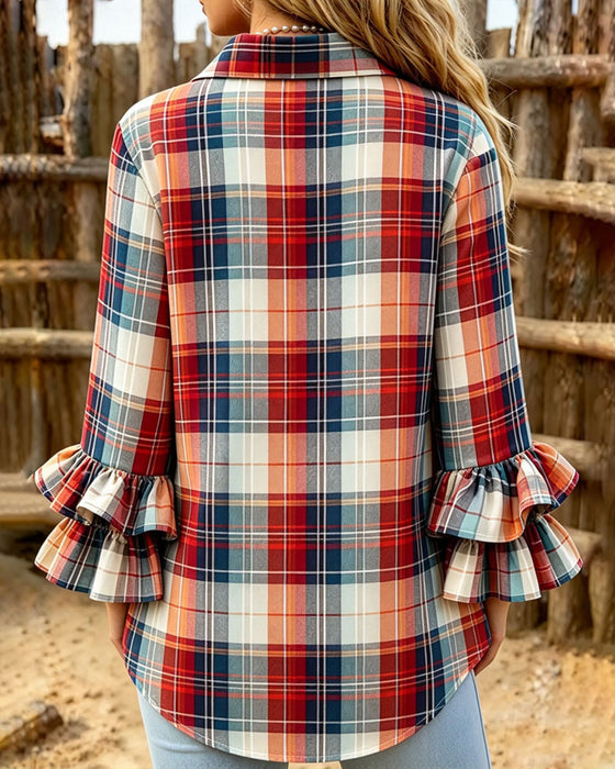 Chemise Revers Bouton À Carreaux Volant