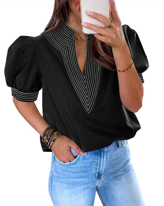Blouse Col V Manche Bouffante Rayée