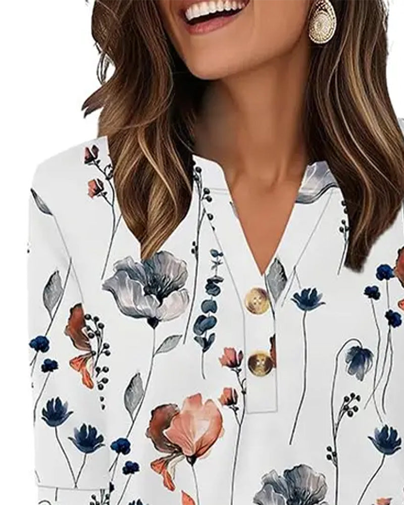 Blouse Col En V Boutonnée Manches Trois-Quarts