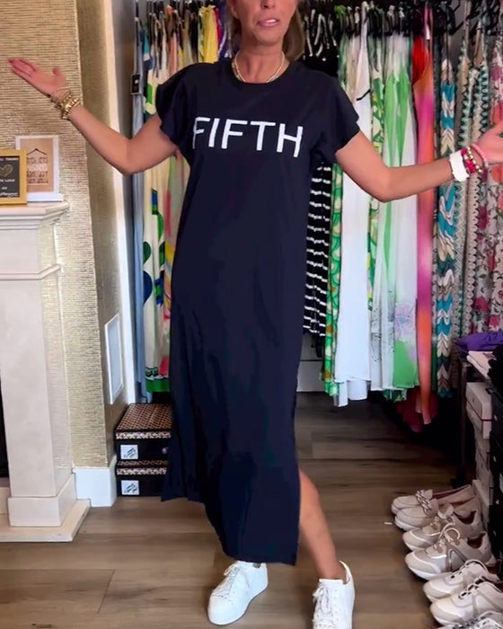 Robe décontractée fendue à manches volantées et imprimé lettre