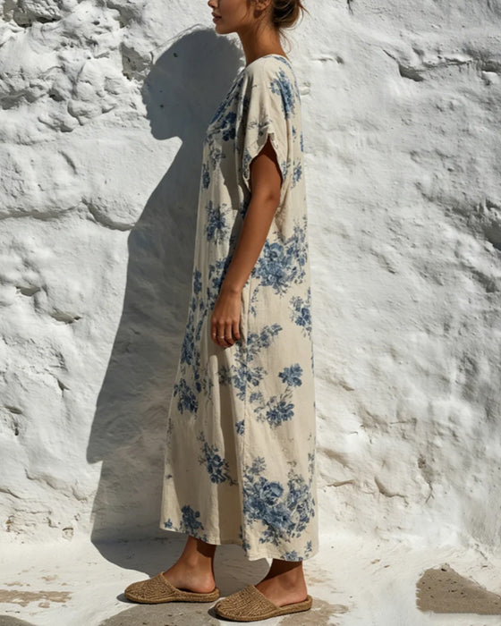 Robe Col Rond Vintage Bleu Floral