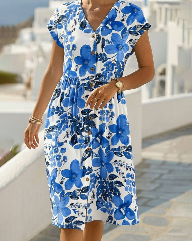 Robe Imprimé Floral Col V Manches Courtes