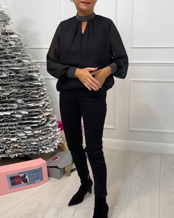 Chemisier à col montant ajouré en patchwork de couleur unie