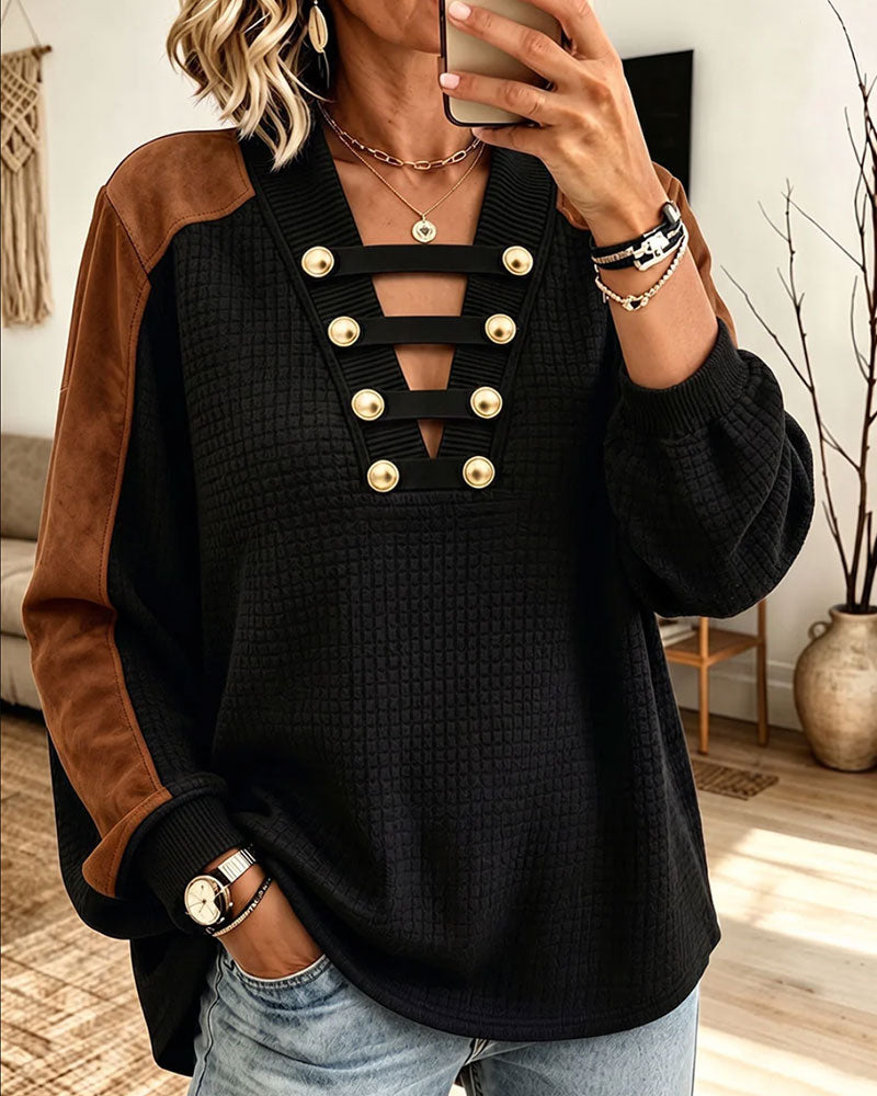 Top Col En V Bouton Bloc De Couleur