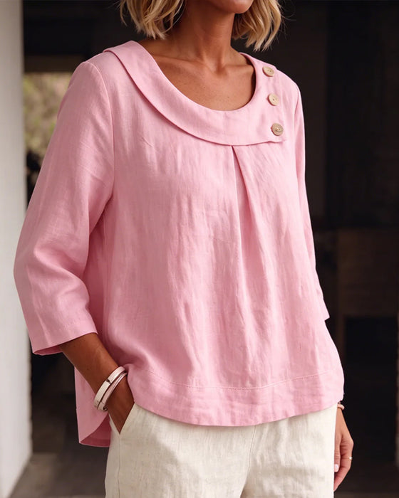 Blouse Ourlet Roulé Col Rond Bouton Lâche