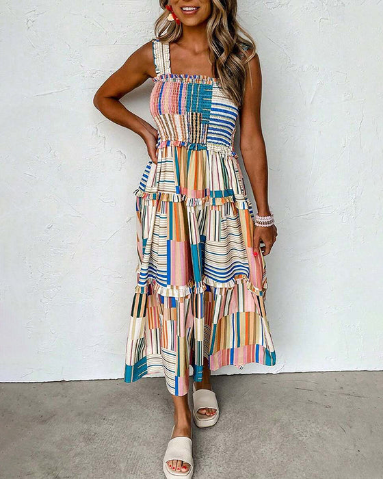 Robe Bretelles Rayée Bloc De Couleur Superposée