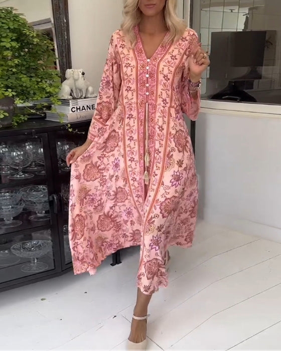 Robe élégante imprimée à col en V avec cordon de serrage et boutons