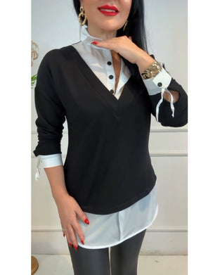 Haut Noir Et Blanc Patchwork Col