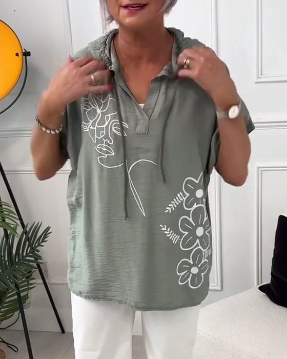 Blouse décontractée à capuche et manches courtes à imprimé floral