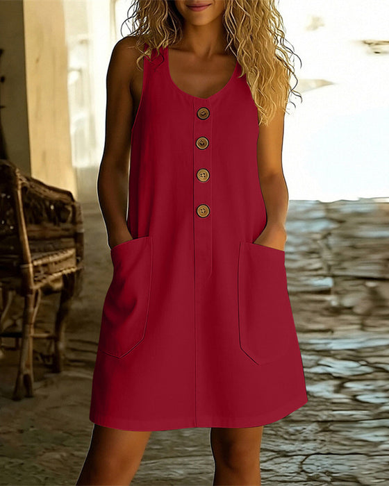 Robe Unie Col En U Bouton Devant