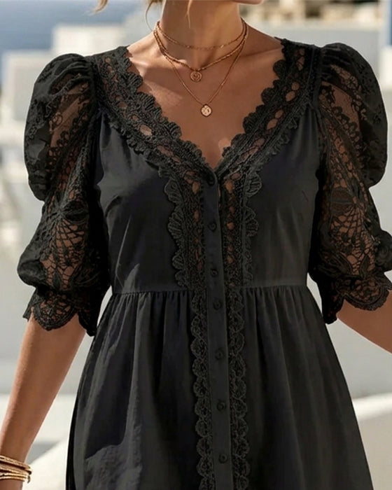 Robe Manche Bouffante Dentelle Courte