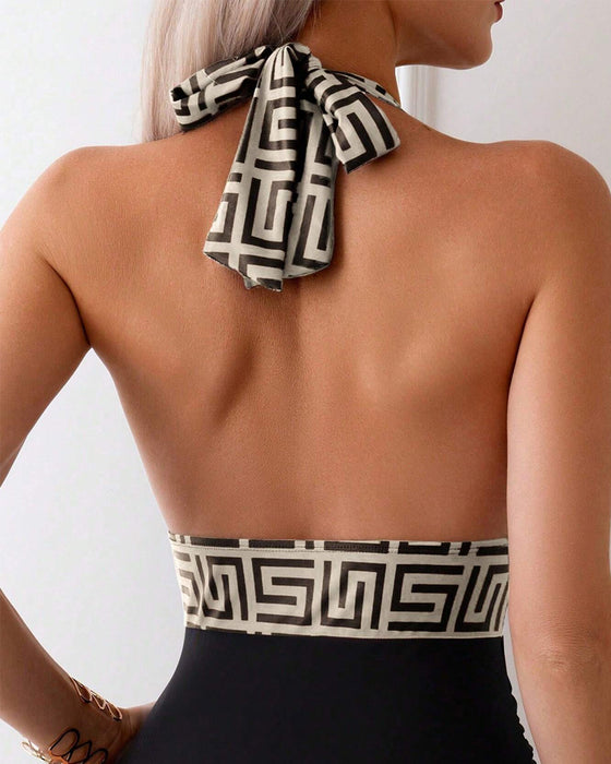 Maillot De Bain Imprimé Contrasté Dos Nu Une Pièce