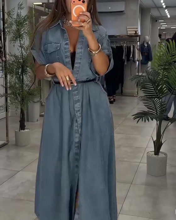 Robe Col Chemise Poche Bouton Denim