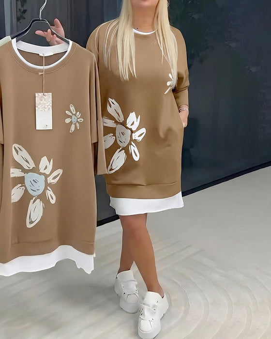 Robe Sweatshirt Col Rond Imprimé Patchwork