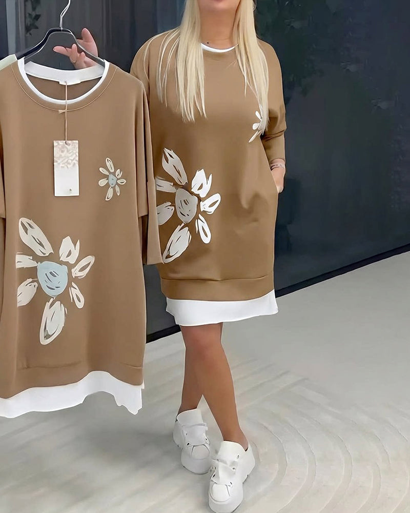 Robe Sweatshirt Col Rond Imprimé Patchwork