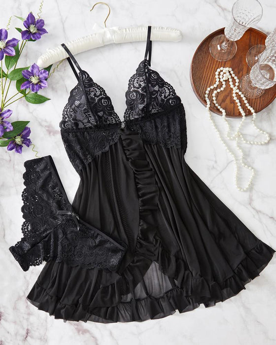 Chemise de Nuit Décolletée & Culotte Décor Nœud Set Femme Sexy Volant Dentelle