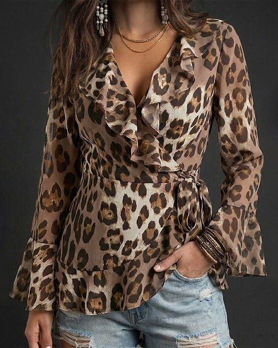 Blouse Col V Volant Léopard