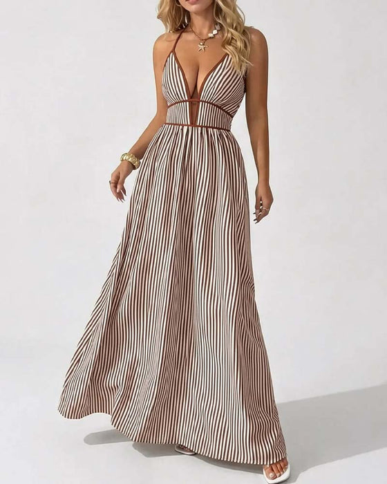 Robes Profond Col V Bretelle Spaghetti Rayure Longue