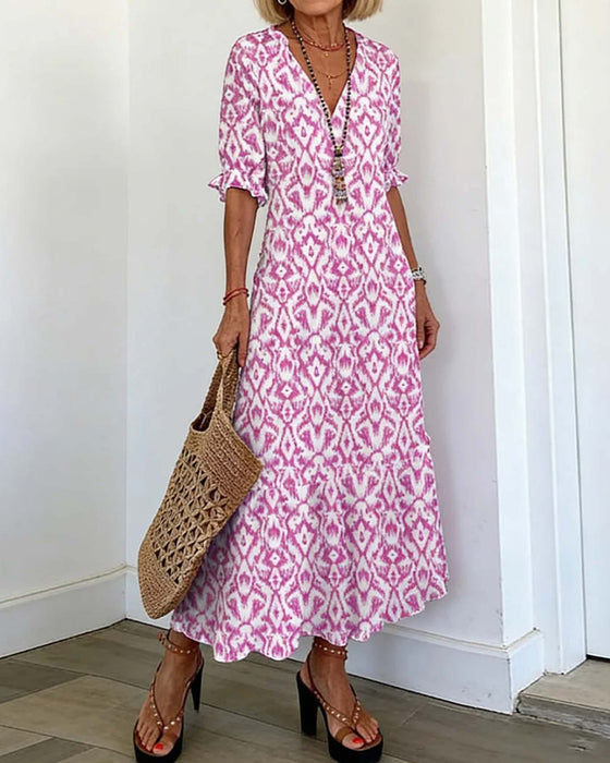 Robe Col En V Manches Mi-Longues Volant Coupe A
