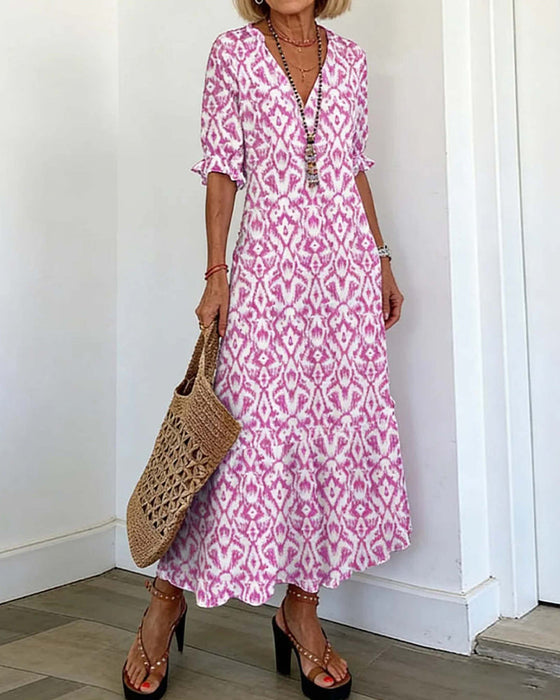 Robe Col En V Manches Mi-Longues Volant Coupe A