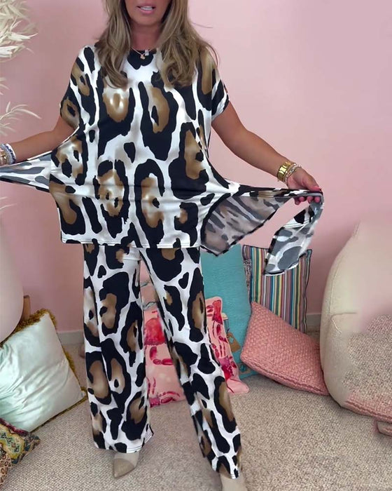 Ensemble deux pièces décontracté à lacets et imprimé léopard