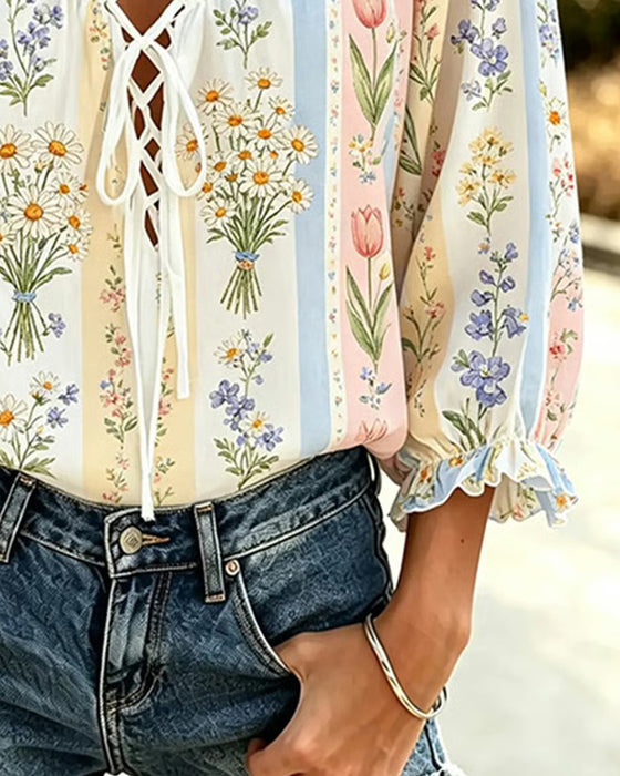 Blouse Bloc De Couleur Florale Attache Col V