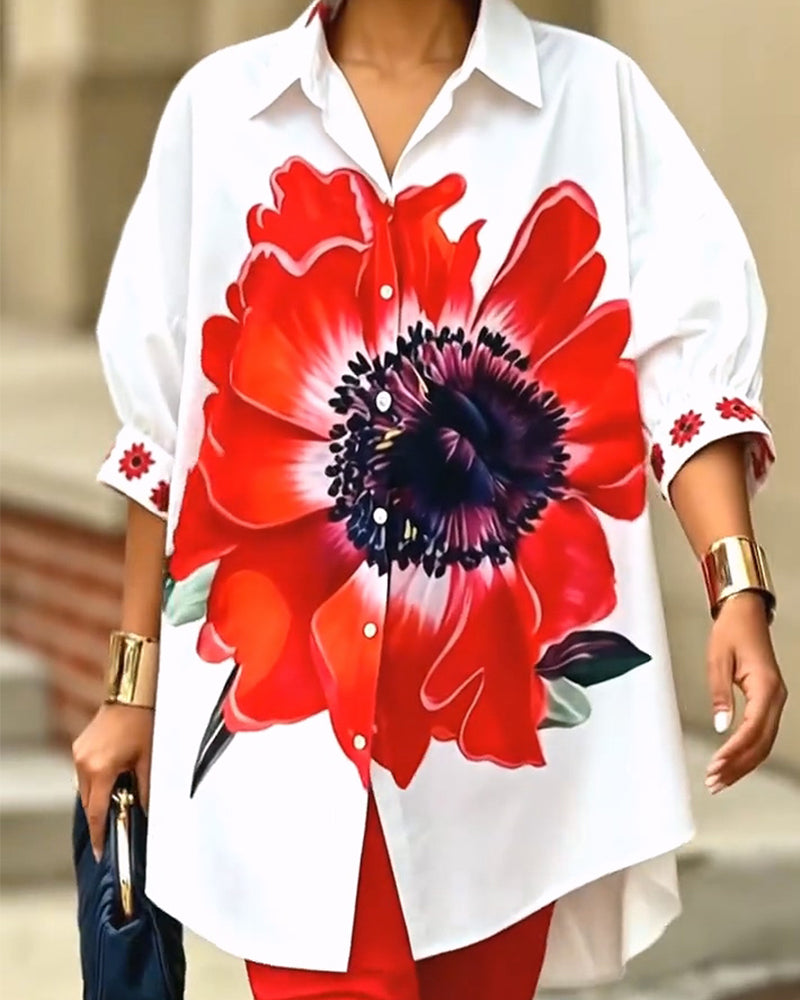 Chemise Imprimé Grande Fleur Manche Bouffante
