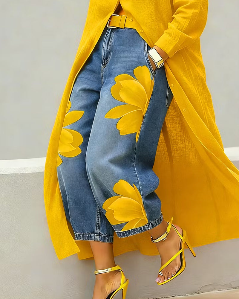 Jeans À Imprimé Floral Court Jambe Large