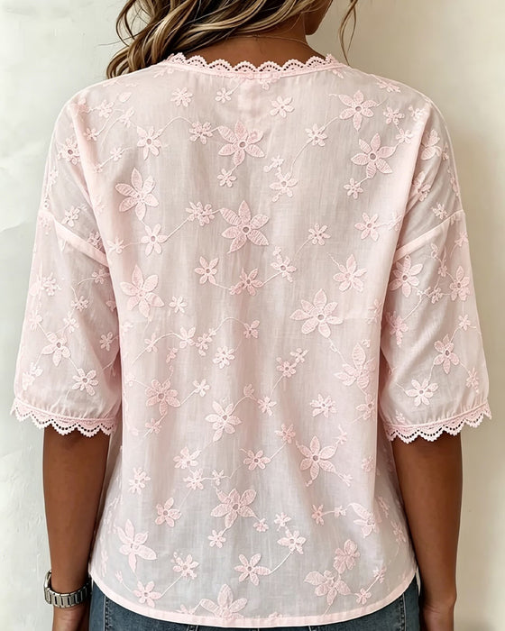 Blouse Fleur Tridimensionnelle Col En V Manches Mi-Longues