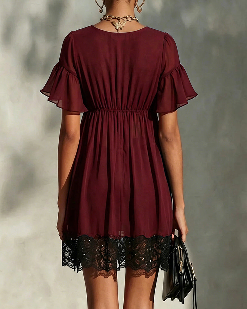 Robe Volant Manche Évasée Fermeture Éclair Dentelle