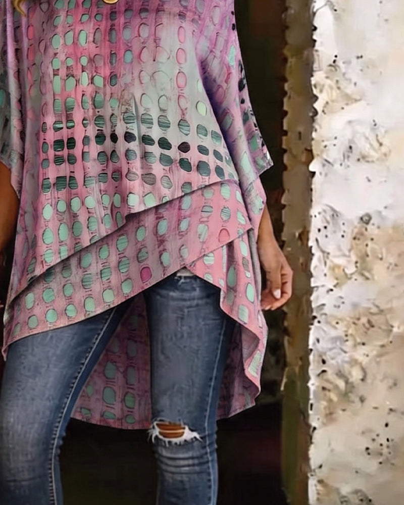 Blouse Imprimé Pois Une Épaule Irrégulière