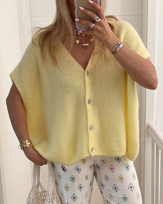 Cardigan Sans Manches Col En V Boutonnage Devant Pull