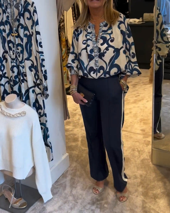 Blouse à manches lanternes à motif rétro