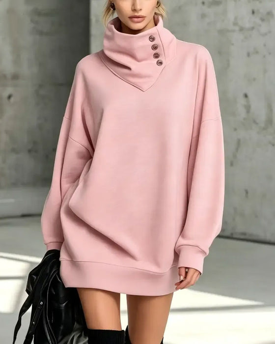 Robe Col Roulé Bouton Diagonal Coupe Loose