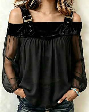 Blouse Velours Panneau Élégant Cold Shoulder