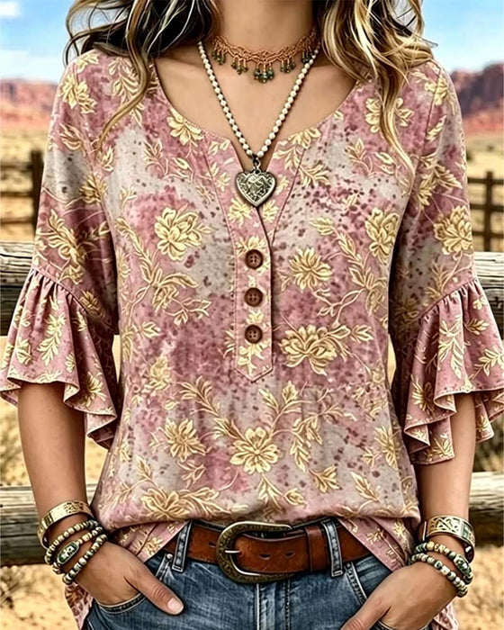 Blouse Imprimé Rétro Ample Volantée