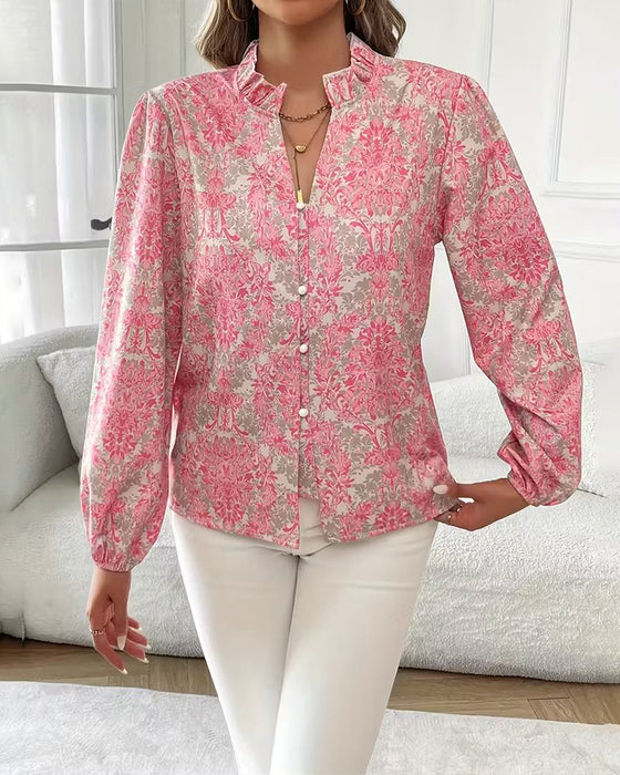 Printed Blouse with Ruffled Collar