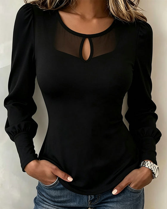 Top Mesh Creux Puff Manche Longue