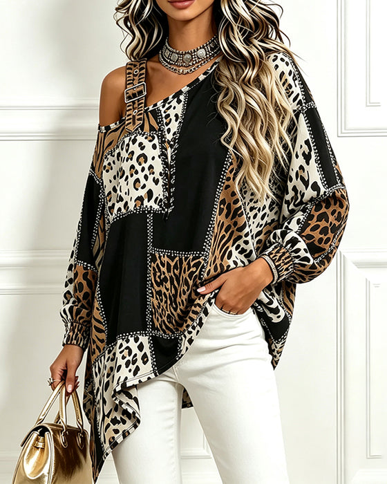 Blouse Léopard Imprimé Patchwork Col Asymétrique Manches Longues