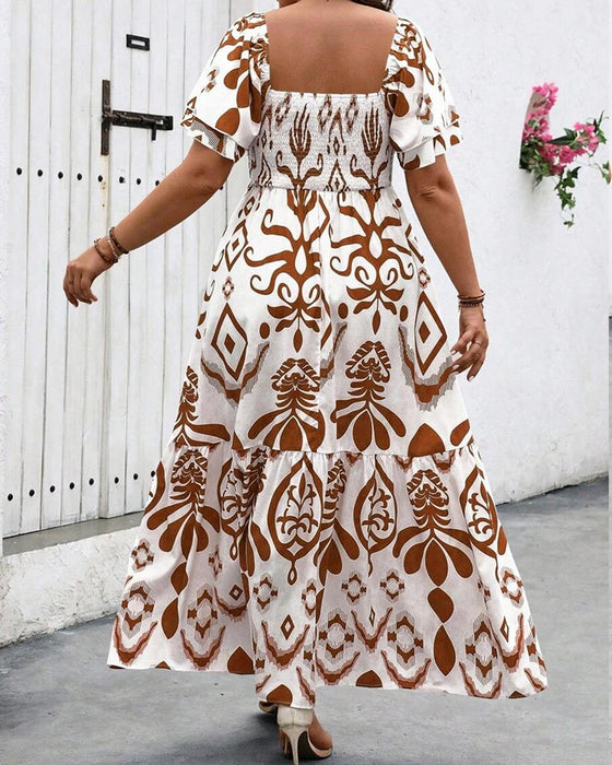 Robe Bleu Porcelaine Col Carré Imprimé Maxi