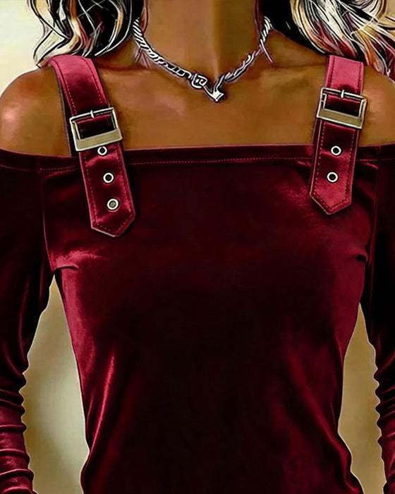 Haut Velours Off-Shoulder Manche Longue