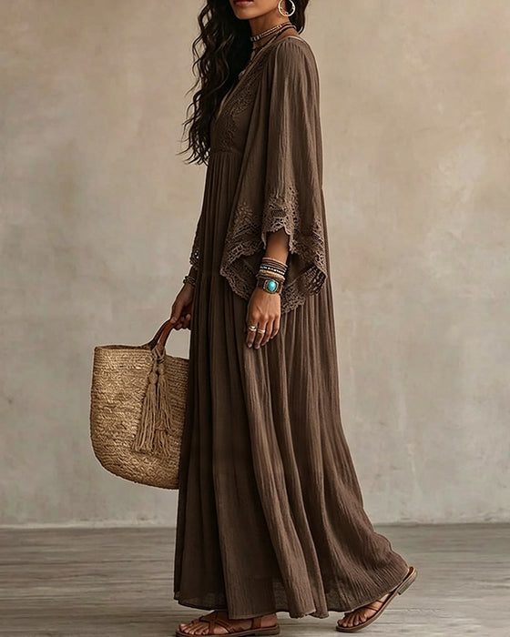 Robe Col V Dentelle Patchwork Unie