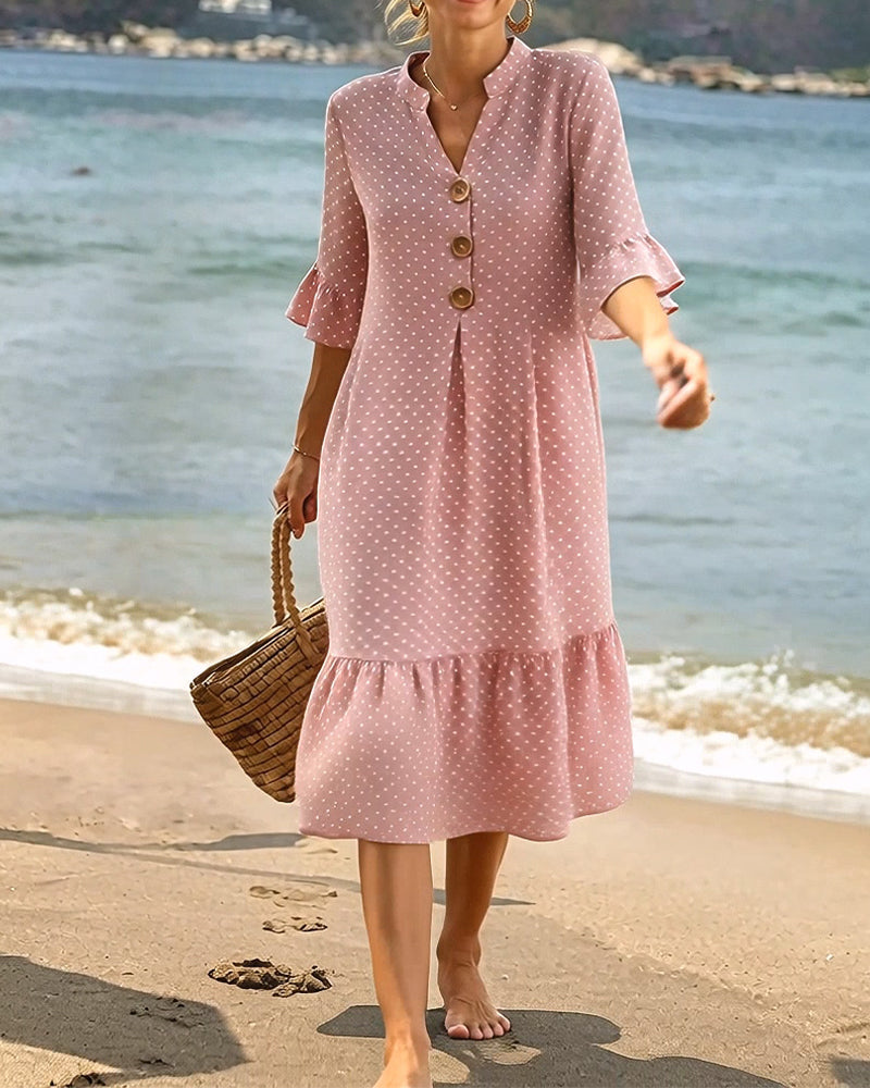 Robe Polka Dot Col V Volanté Manche