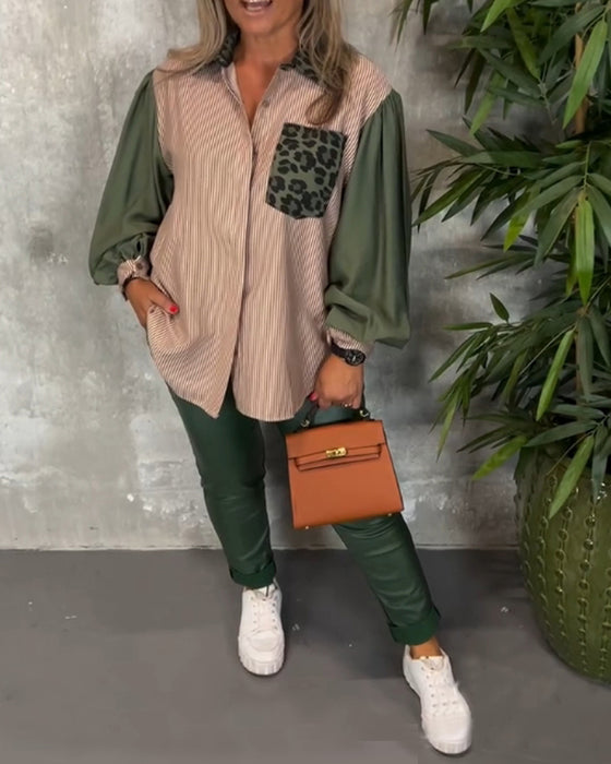 Chemise imprimée léopard à revers et manches lanternes