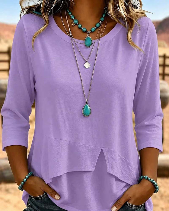 Haut Col Rond Patchwork Ourlet Asymétrique