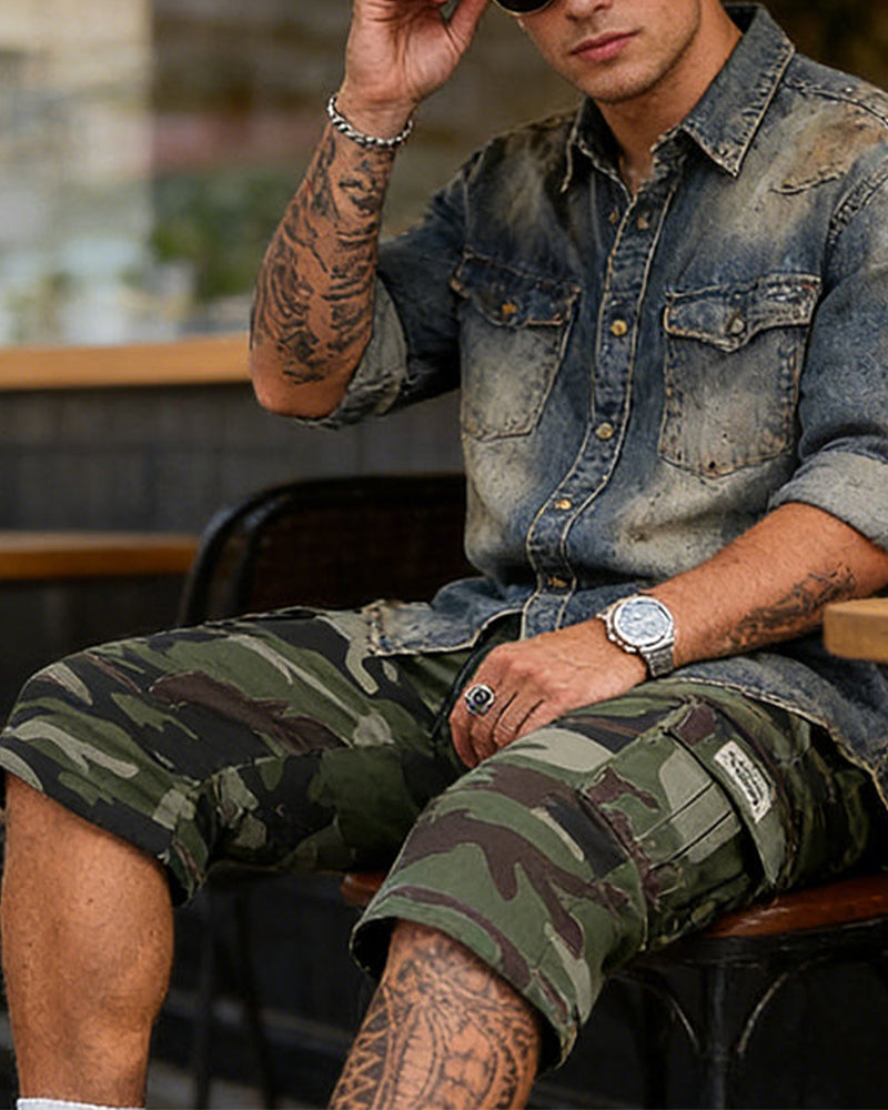 Homme Camouflage Cargo Shorts Multi-Poche Taille Réglable Tissu Respirant