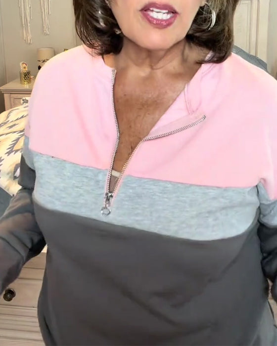 Sweatshirt À Fermeture Éclair, Col Montant Et Bloc De Couleurs Manches Longues